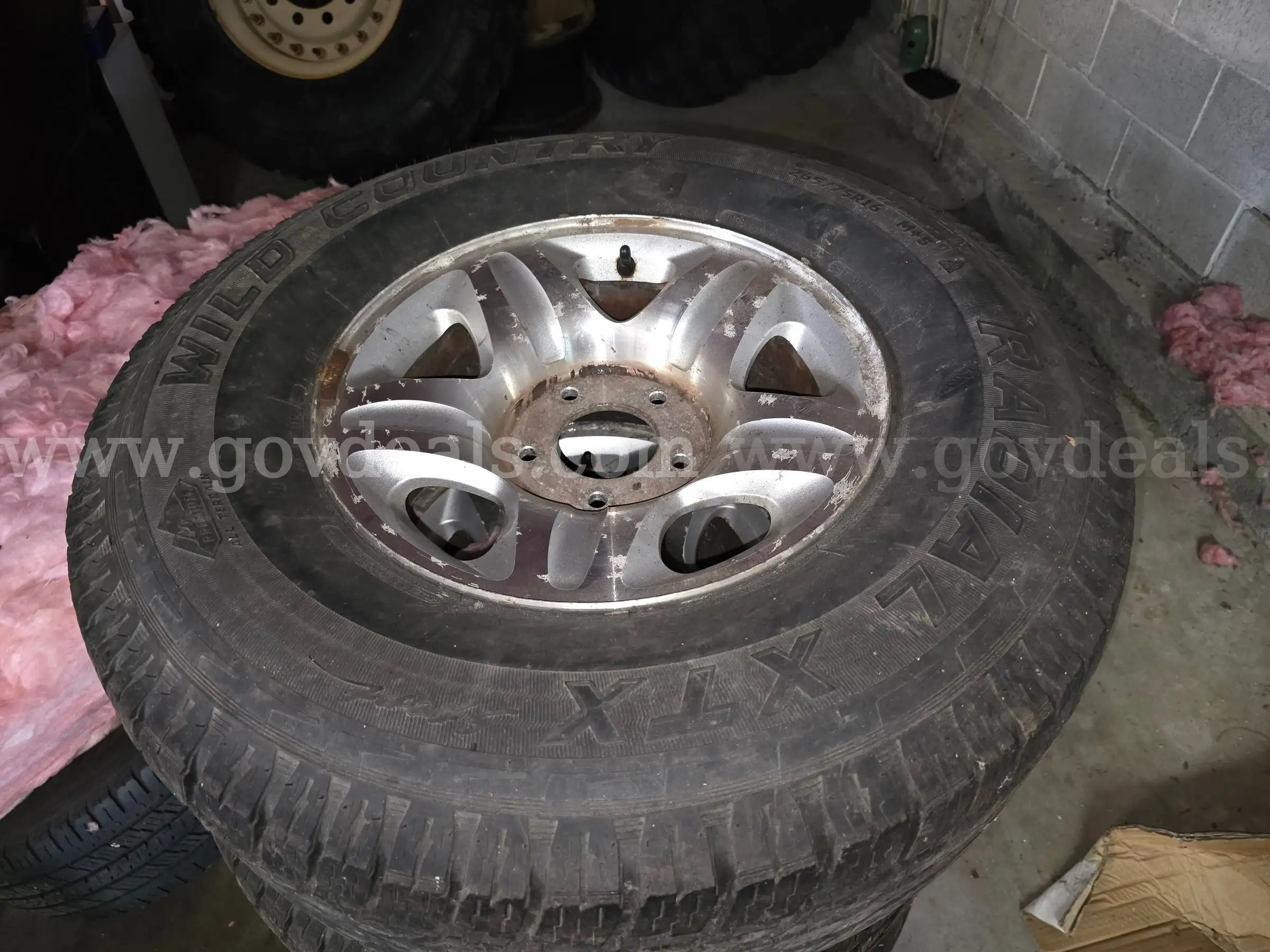 265 75R16 M+S Wild Country tires mounted on 5-hole rims.