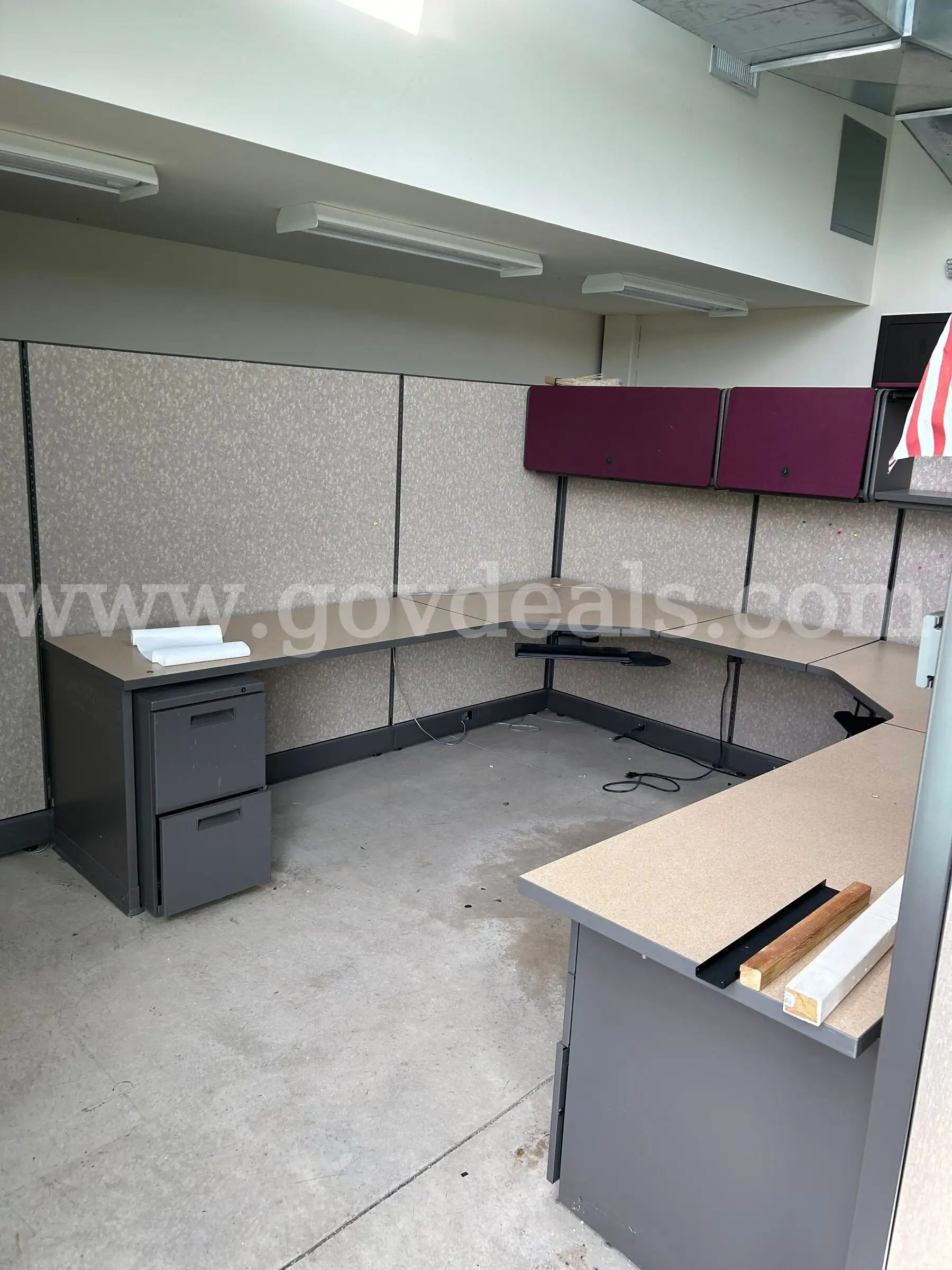 Lot of various office equipment furniture cabinets cubicle workstations desks tables chairs etc.