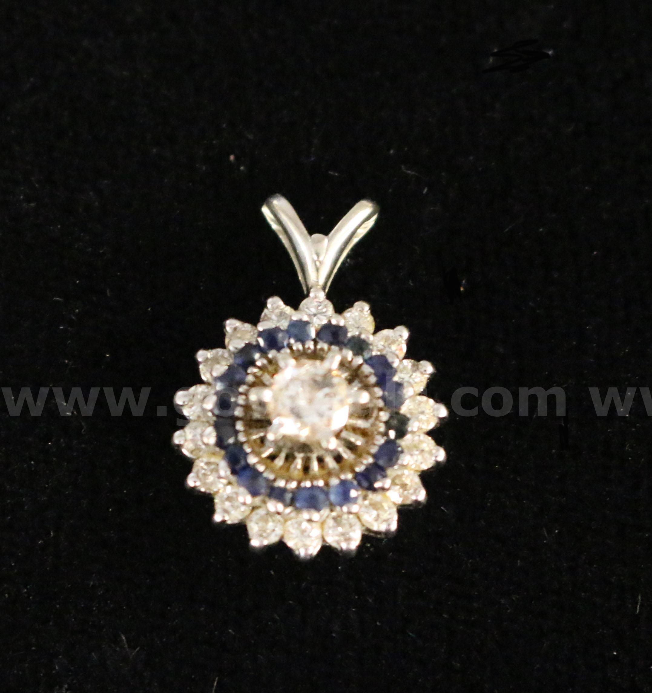 14K White Gold Round Pendant With Diamonds & Blue Stones 2.8 Grams