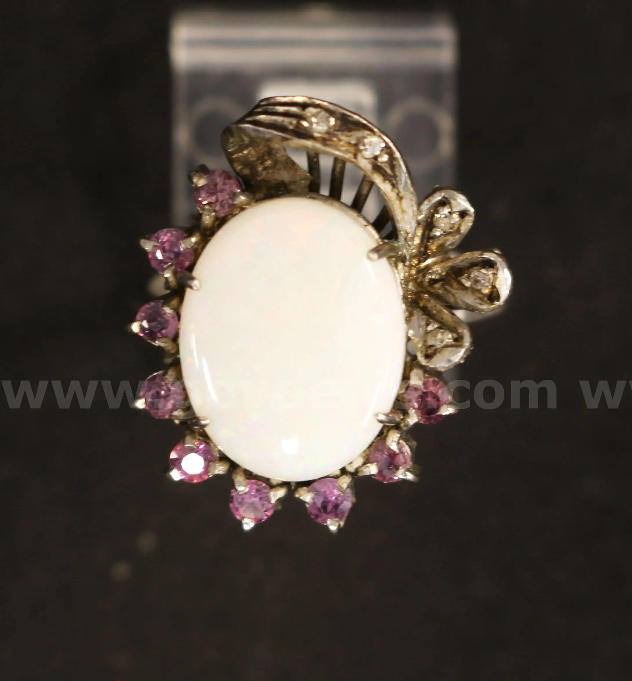 Sterling Antique Diamond Ring With Opal Stone & Pink Rhinestones 6.5 Grams