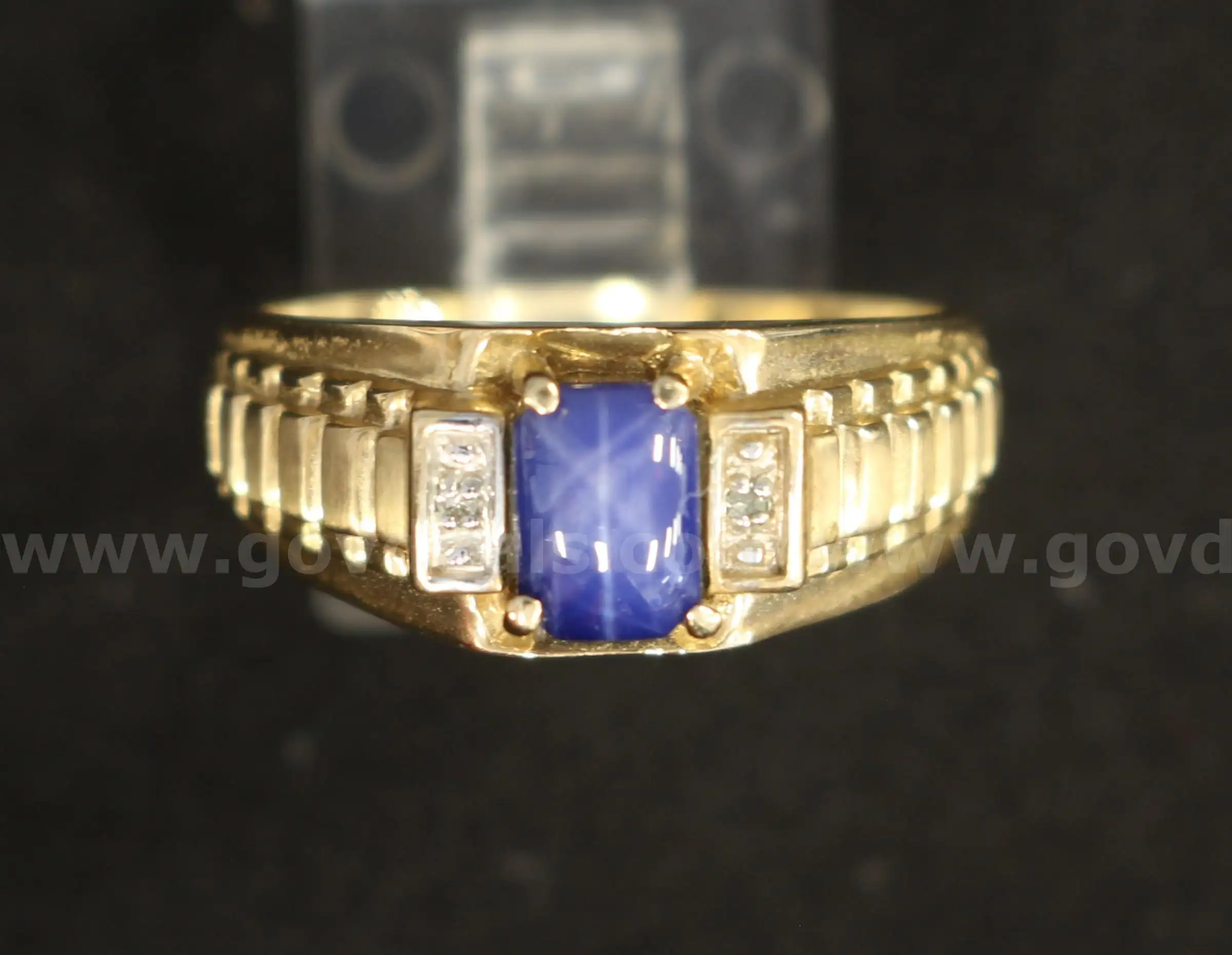 10K Yellow Gold Ring With Synthetic Blue Sapphire & Diamonds 4.6 Grams