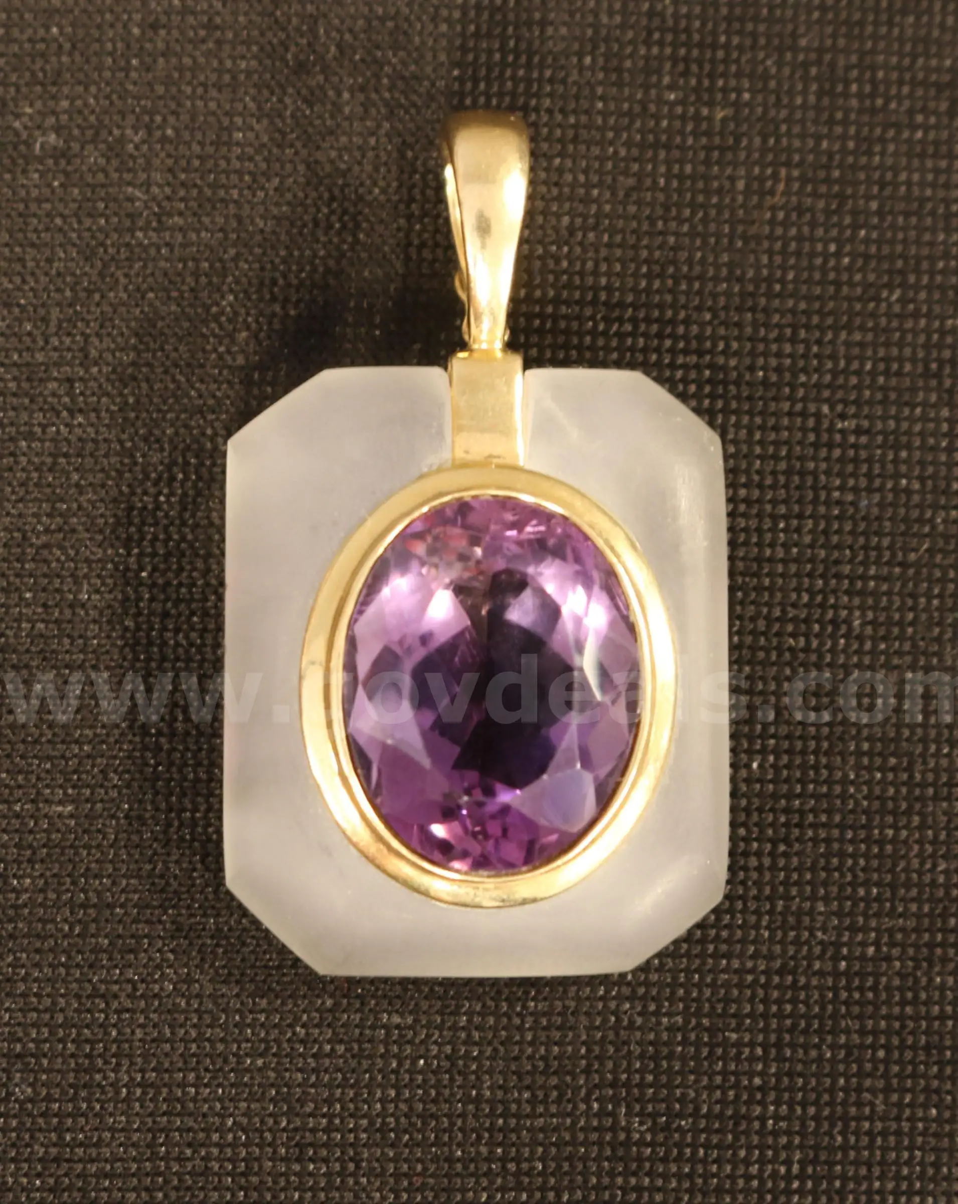 14k Yellow Gold Frosted Glass Enhancer Pendant with Amethyst 7.3 Grams