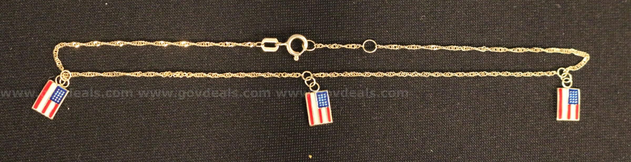 14k Yellow Gold Twisted Curb Link Anklet with American Flag Charms 1.1 Grams