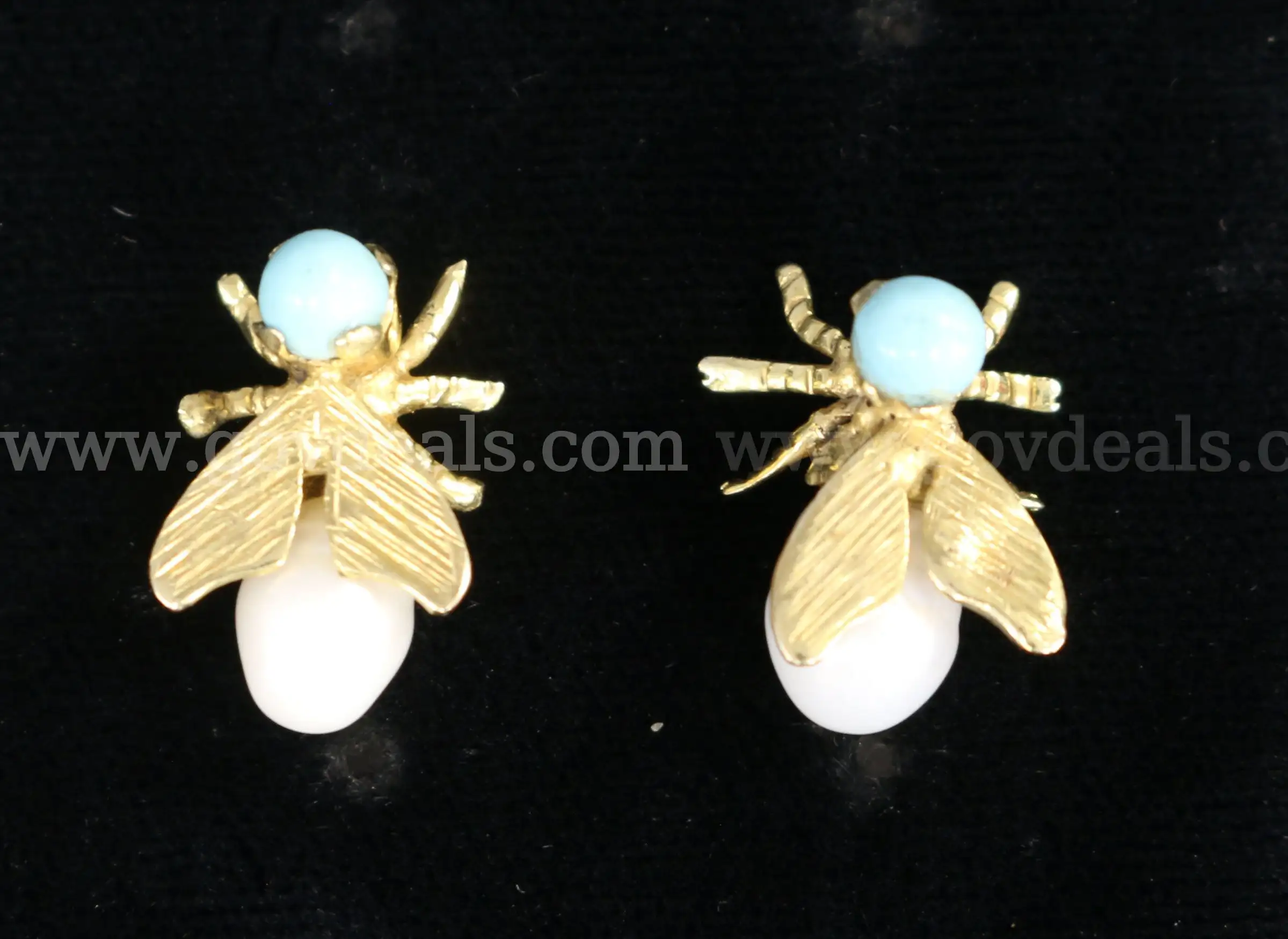 14K Yellow Gold Bug Motif Earrings With Turquoise & Baroque Pearls 3.9 Grams