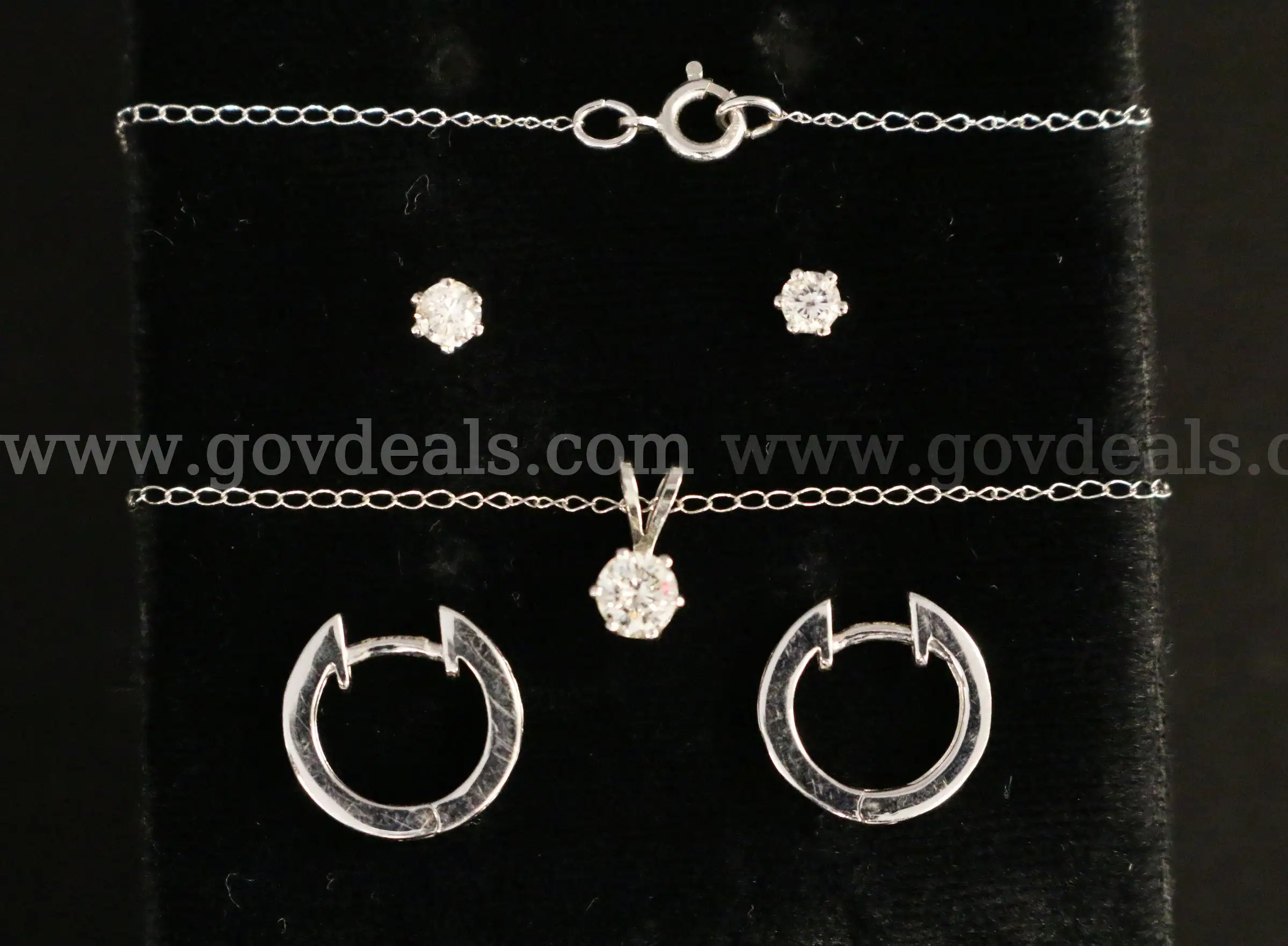 14k White Gold Necklace w Diamond Solitaire Huggie Earrings & Studs 2.5 Grams
