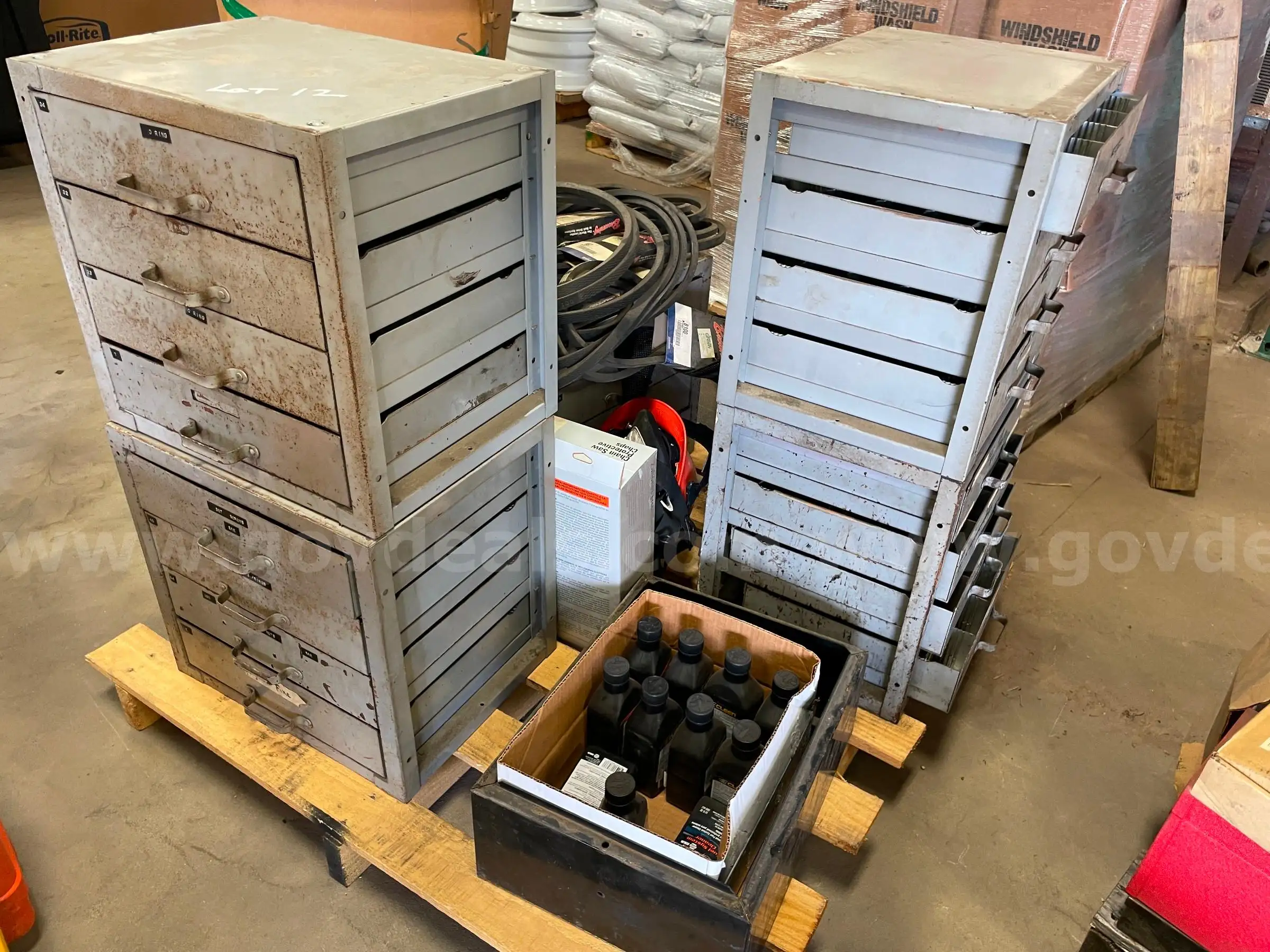 Lot of Metal Shop Drawers Misc. Belts and Fuel System Cleaner