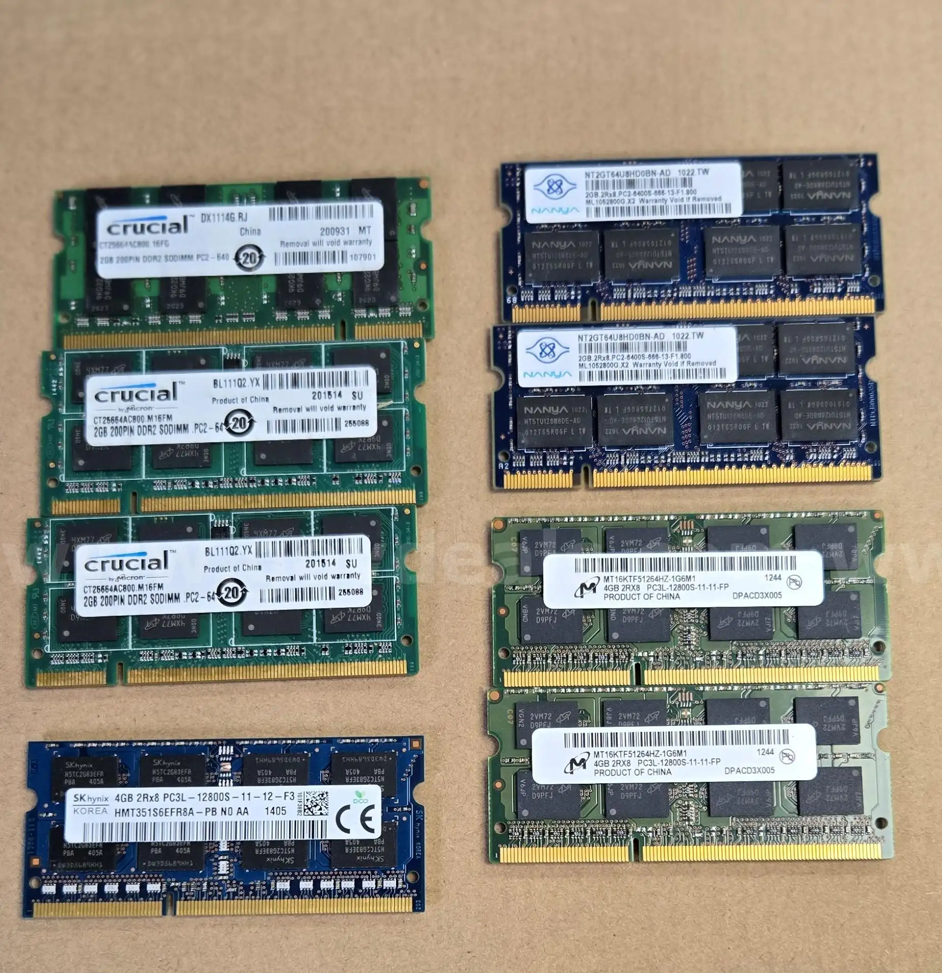 Lot of 8- RAM DDR2 Memory Laptop Mixed Type and Model 2G-4G