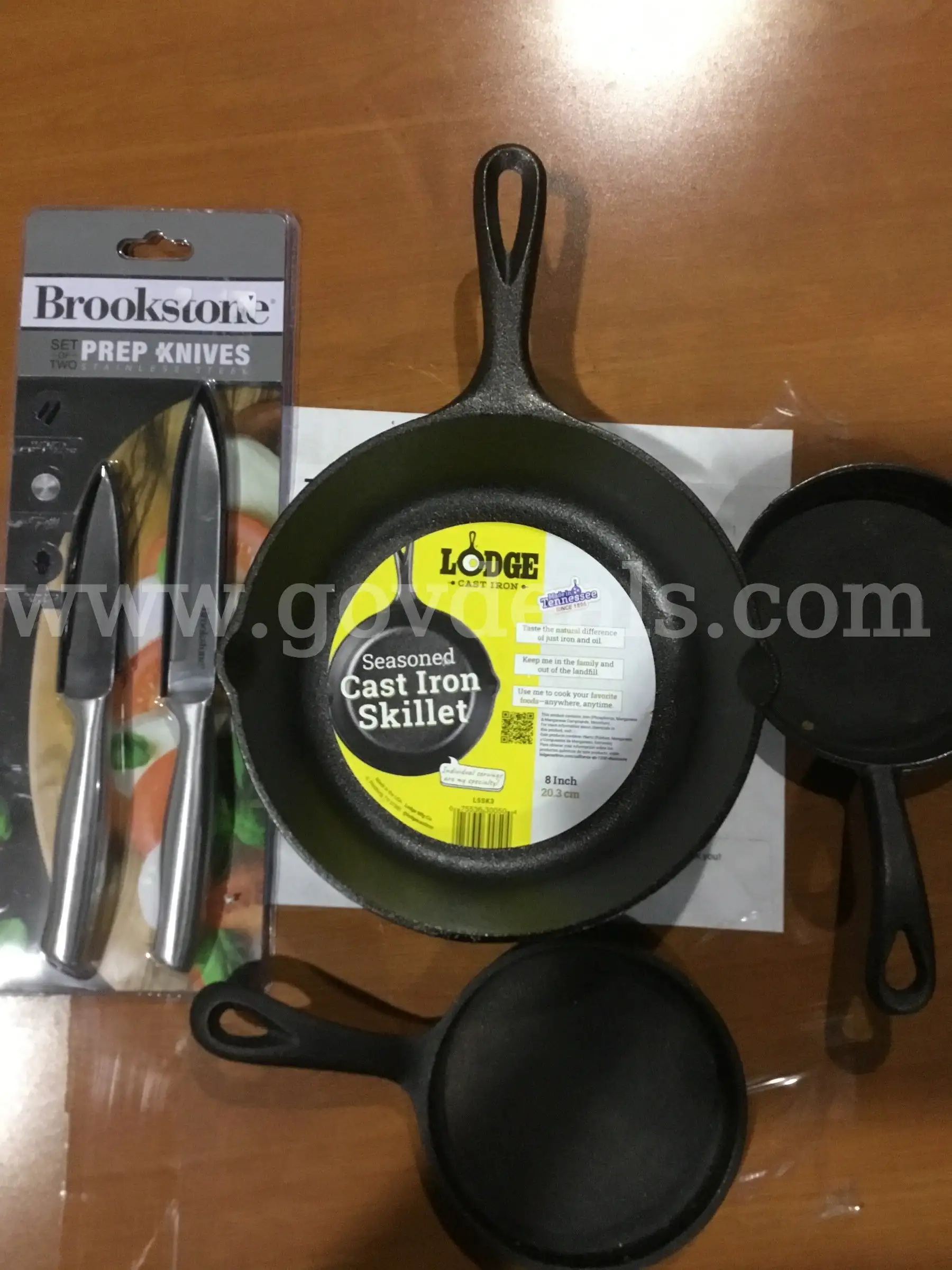 Lot of items-two 5 inch black pans 8 1 2 Lodge pan 2 prep kitchen knives “DH”