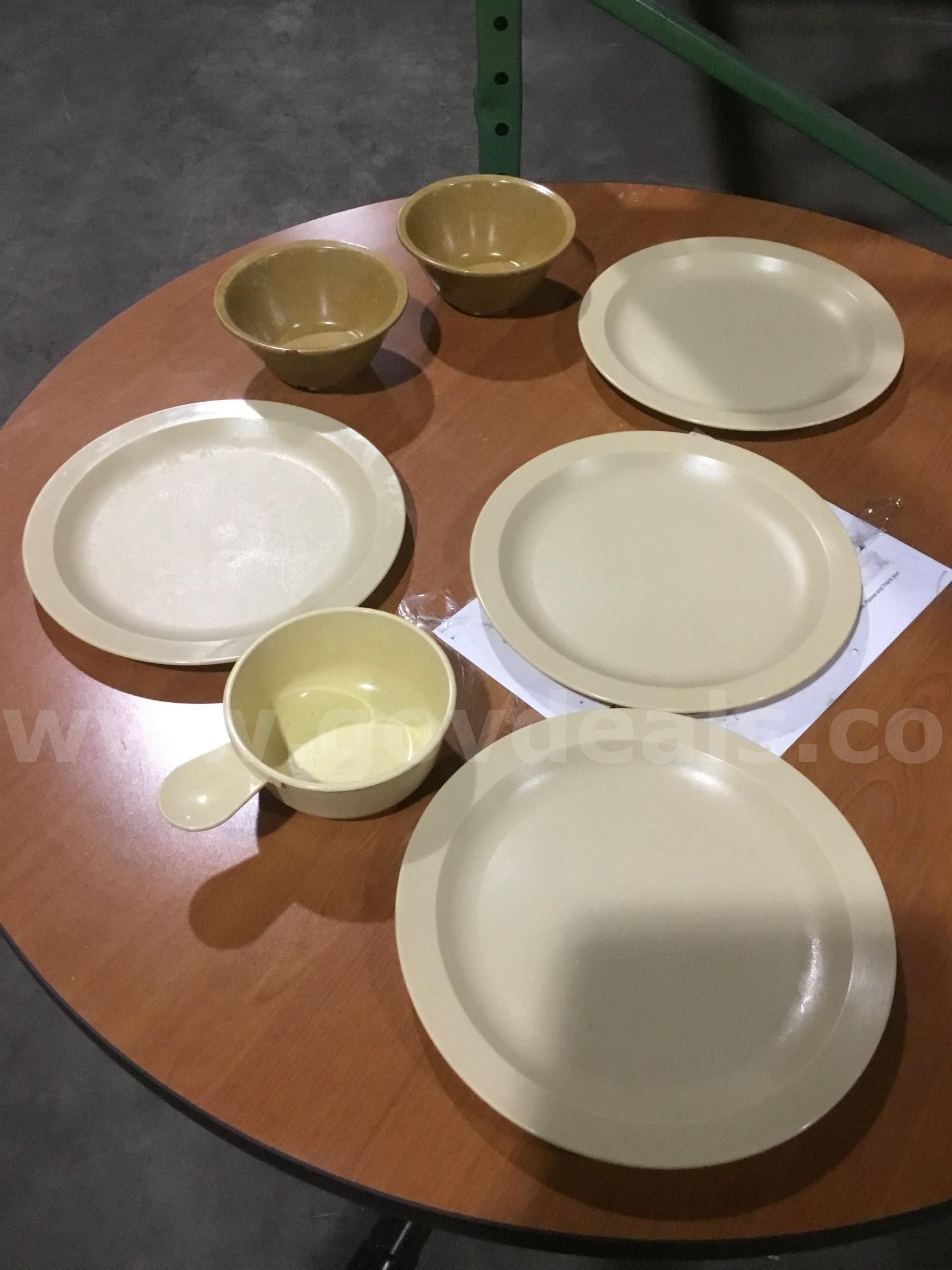 Lot of items-tan plates and brown small bowls DH