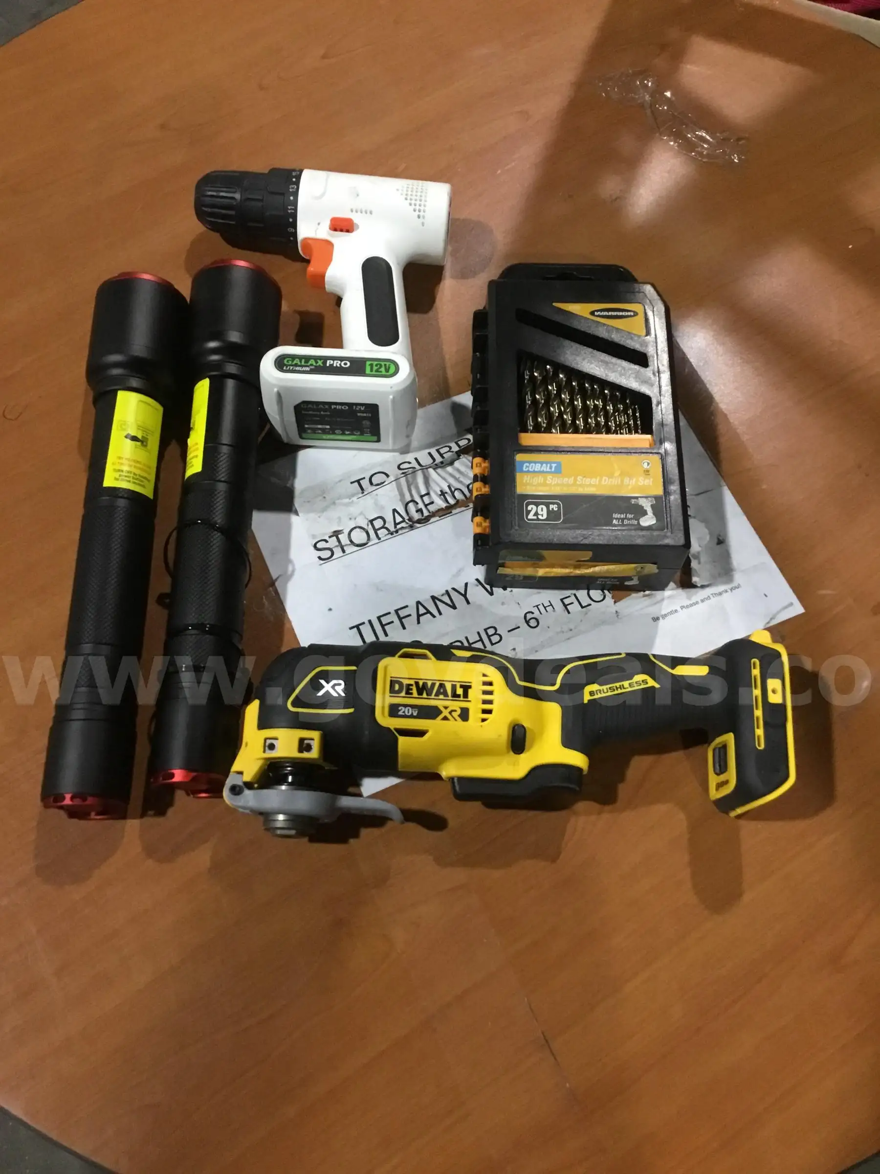 Lot of items-drill bits cordless drill-with a battery both flashlights come with batteries DH