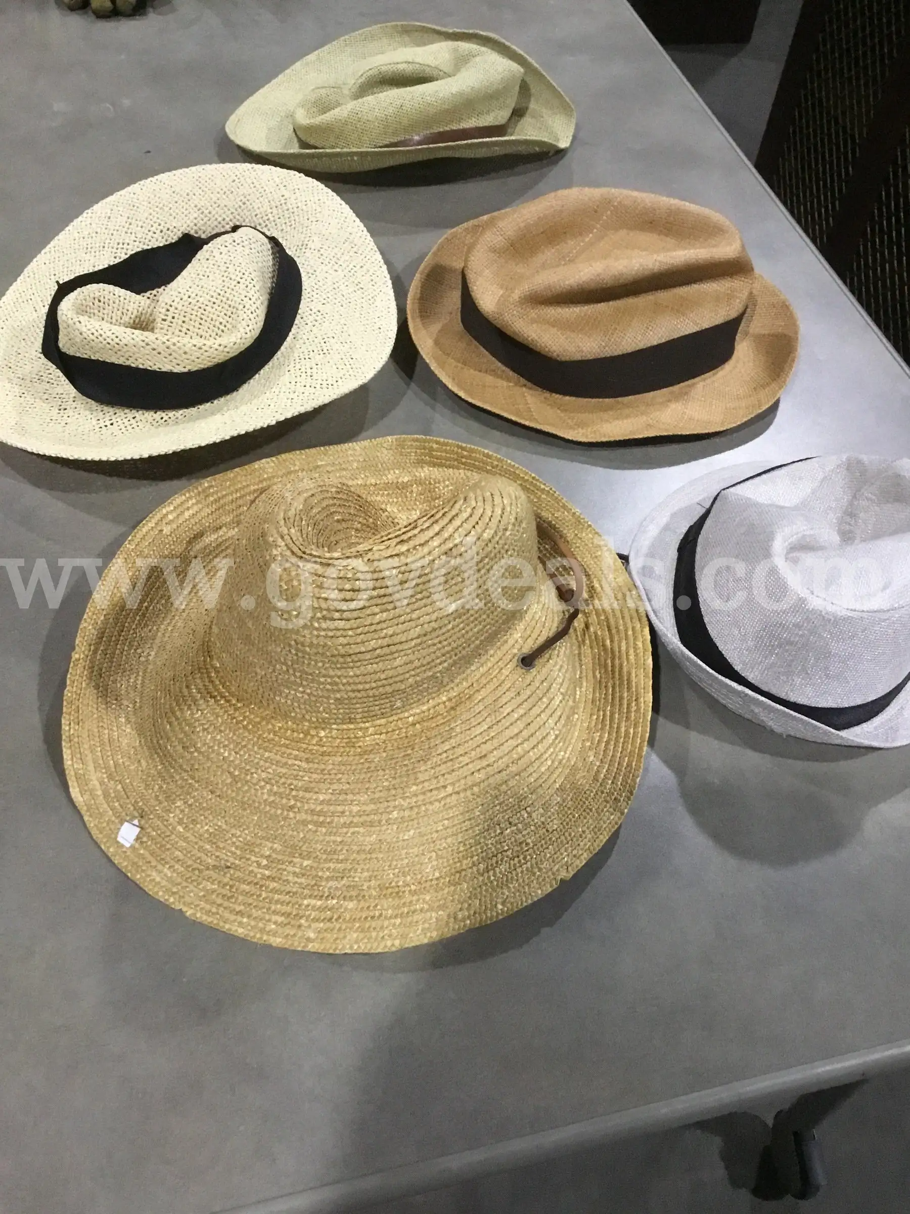 5 misc outdoor hats- white hat with a black ribbon DH