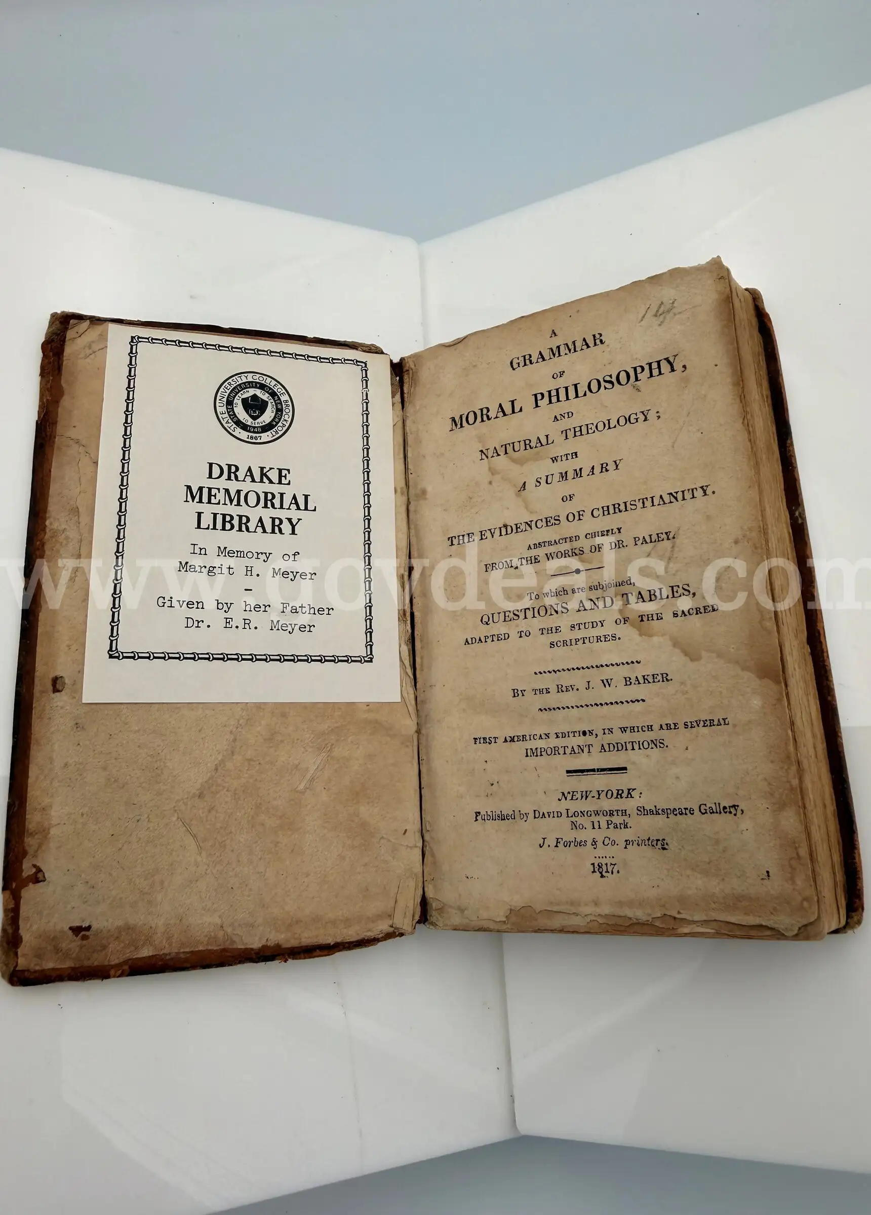Rare Books Baker J. W. A Grammar of Moral Philosophy and Natural Theology Pub. 1817