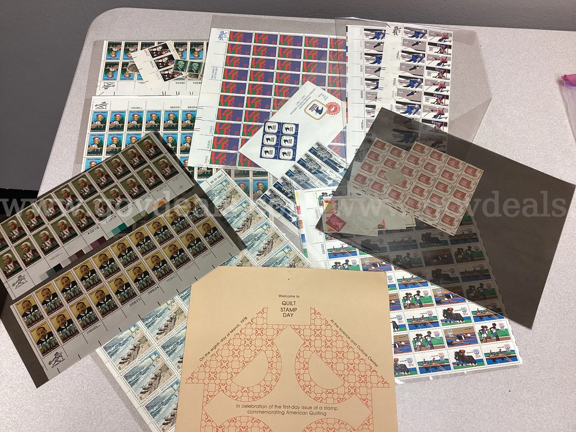 Ten 8x11 Sheets Folders of Various US Stamps