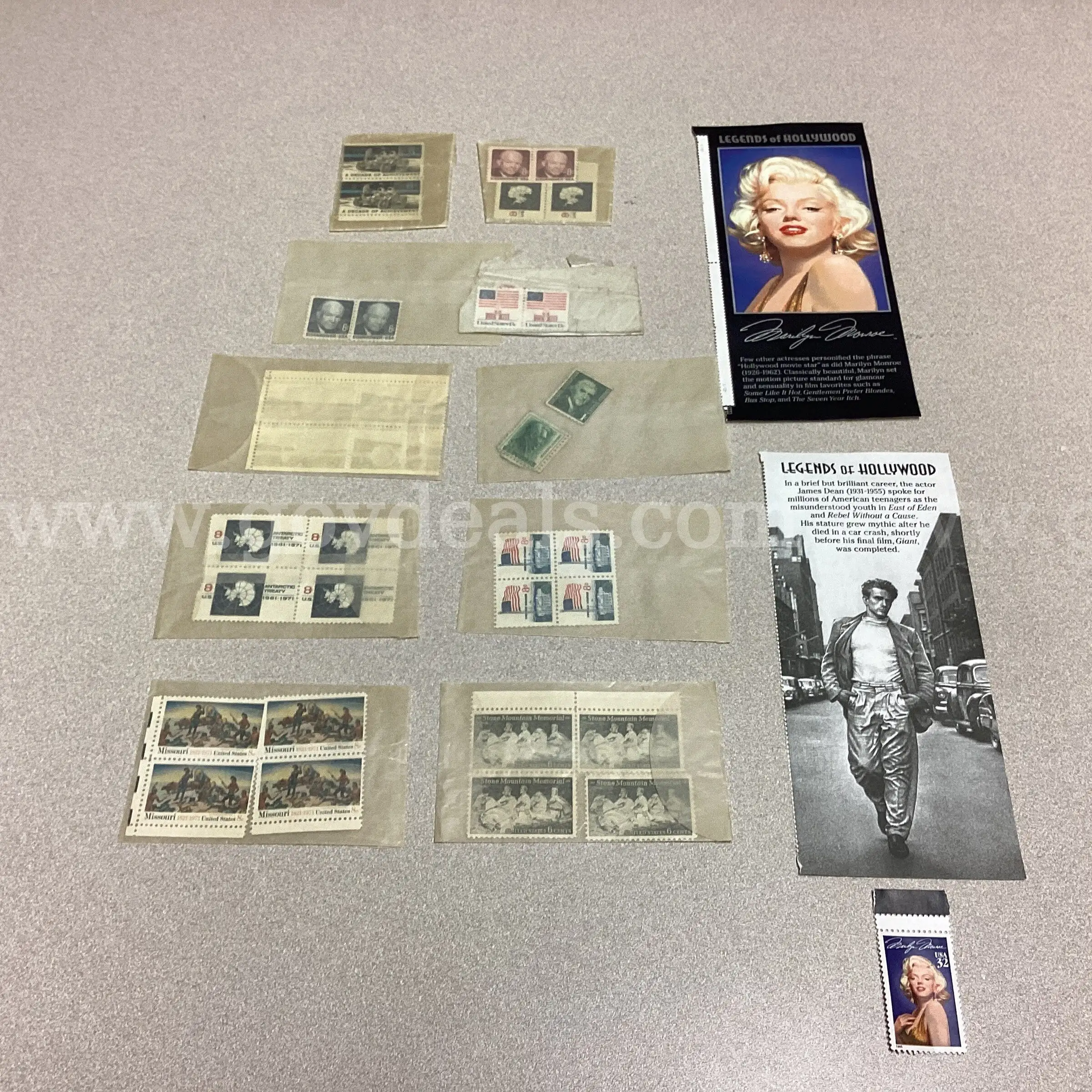 Ten Envelopes of Various US Stamps (2) Marilyn Monroe Pieces (1) James Dean