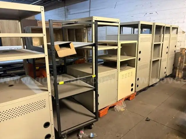 Shelving and Storage unit (8) light beige metal featuring open upper shelves and a perforated lower
