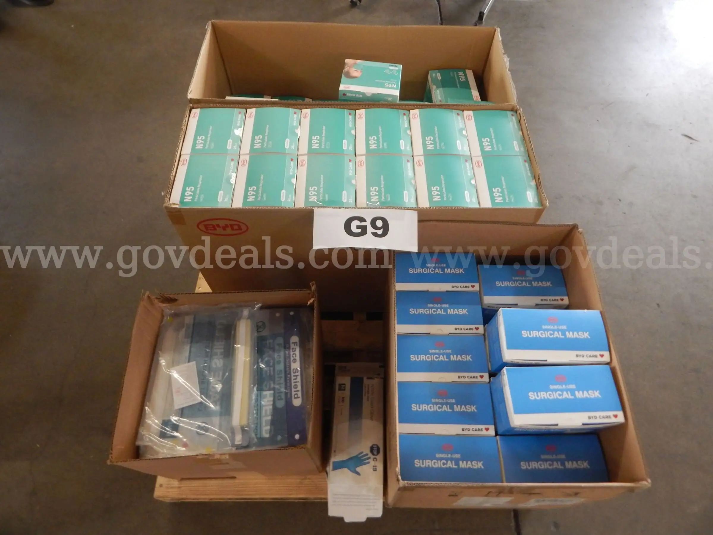 Lot G9 - (2) Cases of Particulate Respirators (1) Case of Surgical Masks (1) Case of Face Shields &