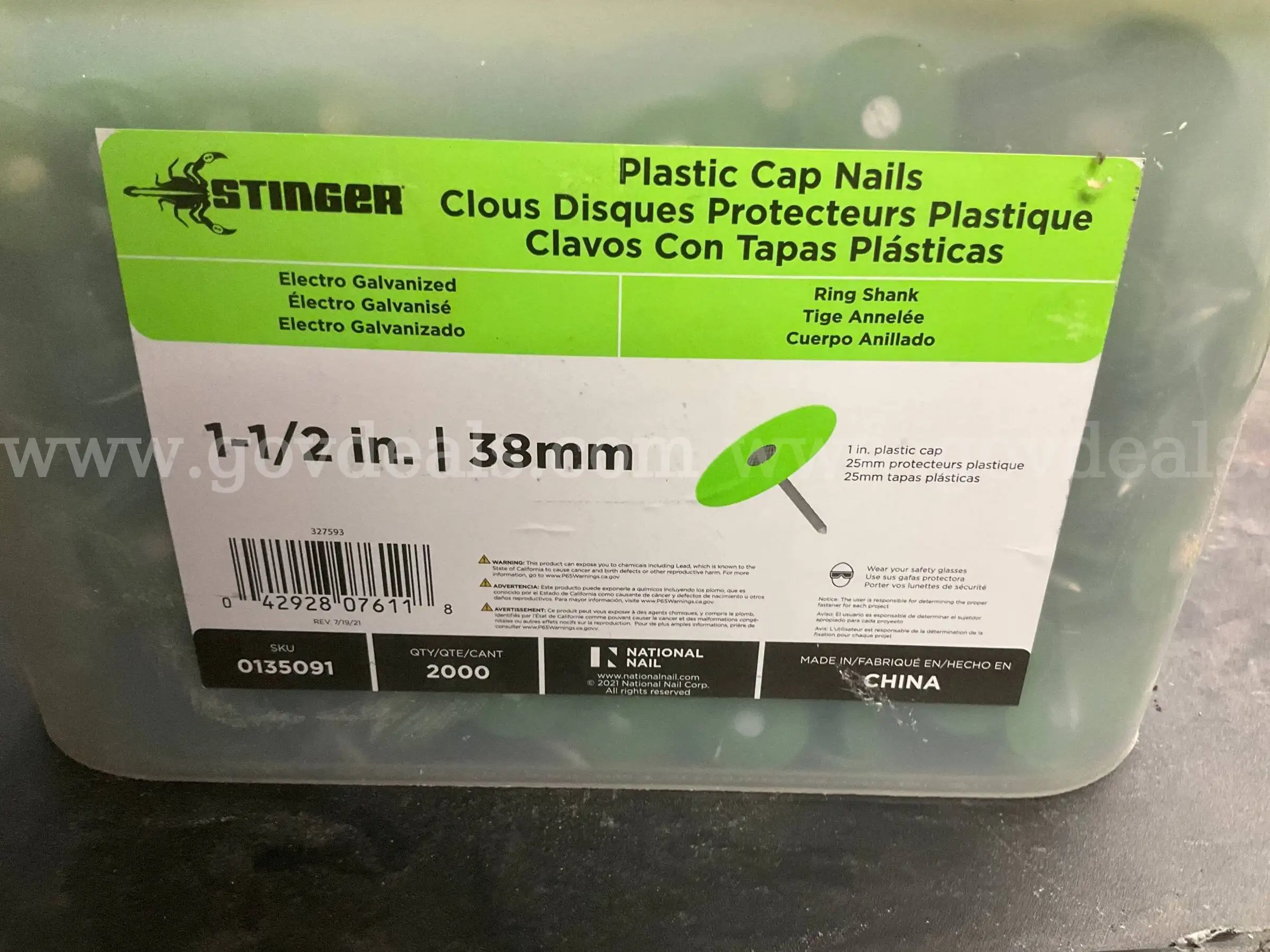 Stinger 1-1 2 Plastic Cap Nails - Unknown Ct (Electro Galvanized Ring Shank)