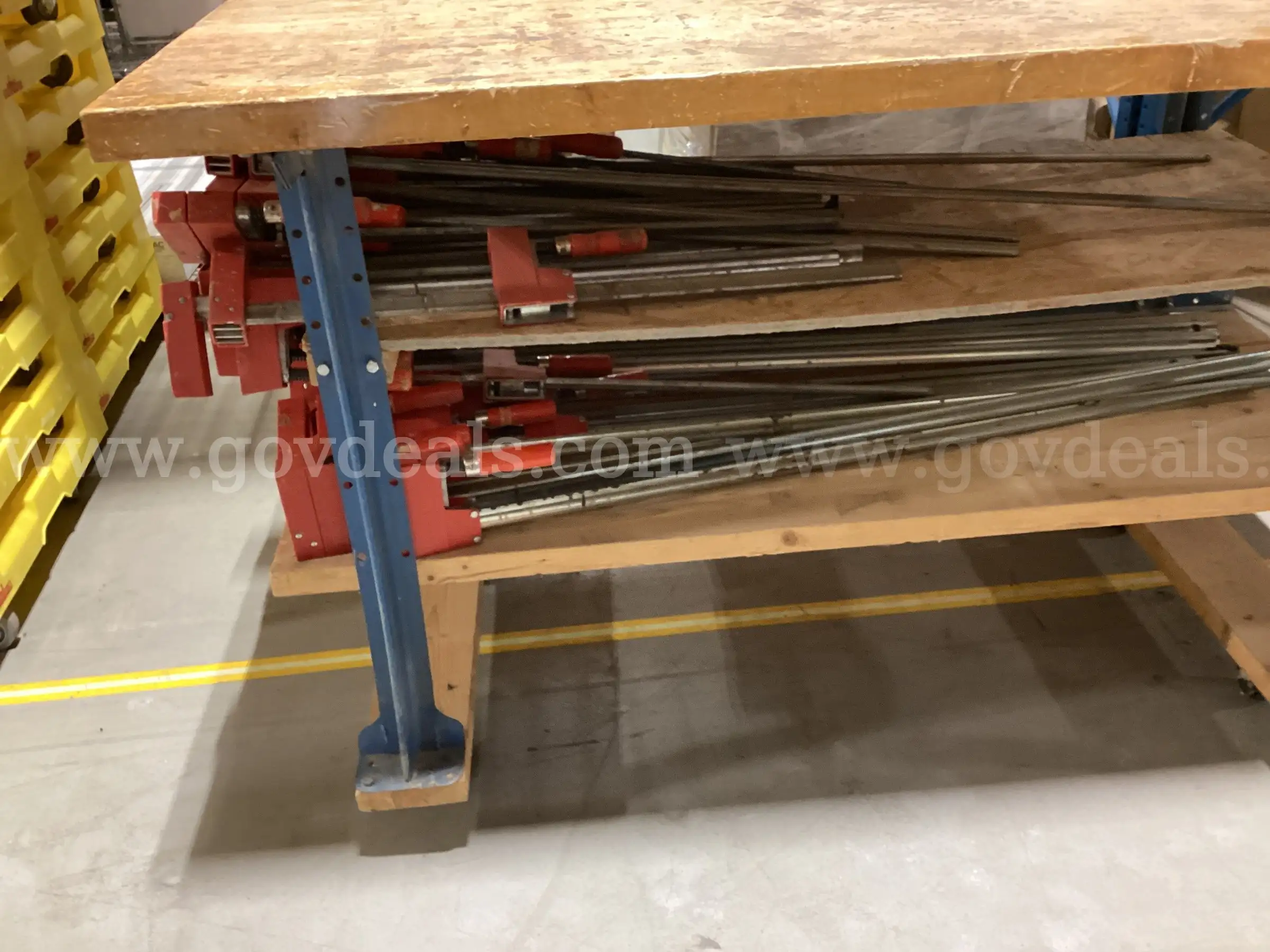 Heavy-Duty Wood Workbench with Lower Storage Shelves & Bulk Lot of Bessey Parallel Bar Clamps