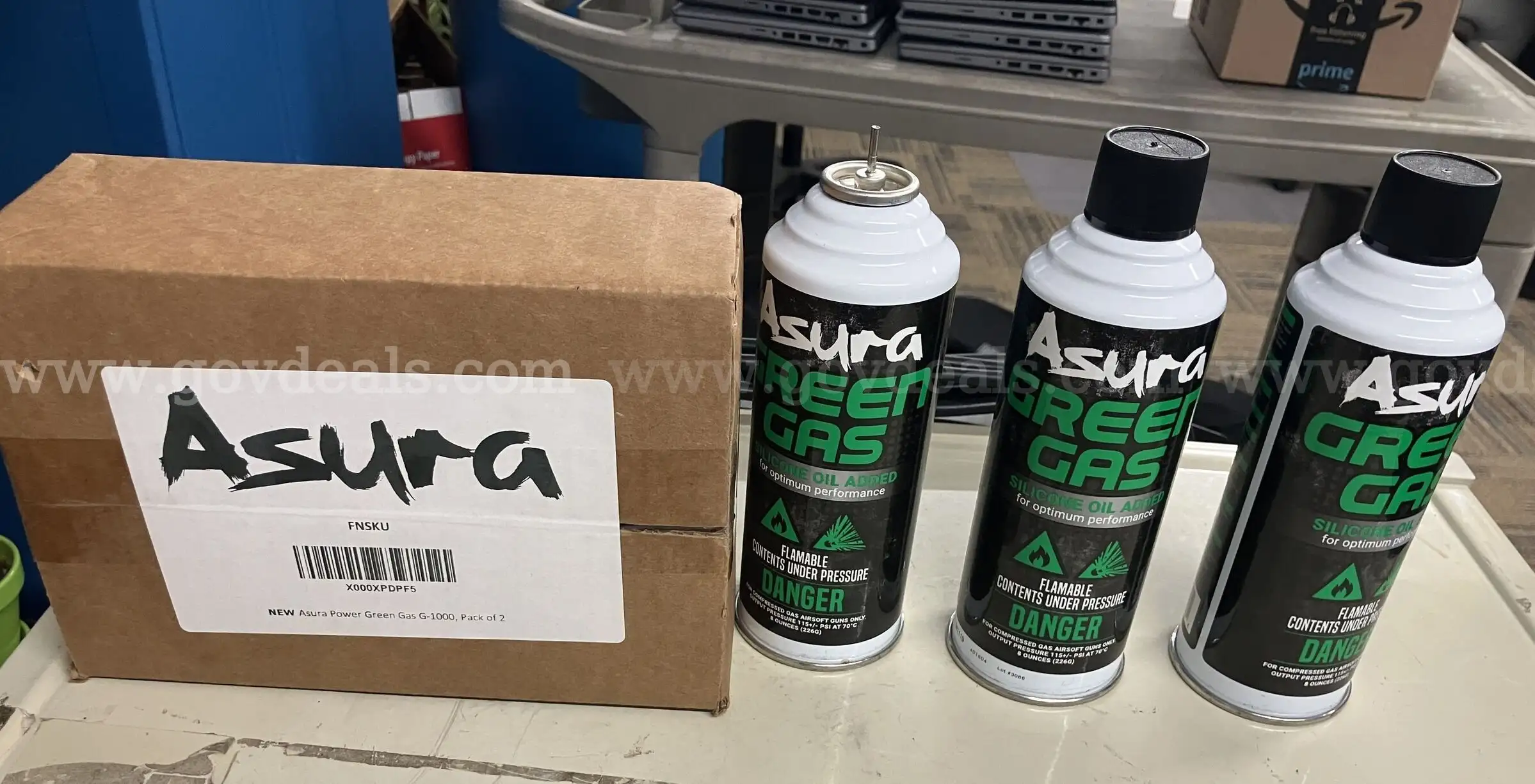 Asura Power Green Gas for Airsoft Guns 8 oz Cans (2) New in box and (3) out of box THIS IS A PICKUP