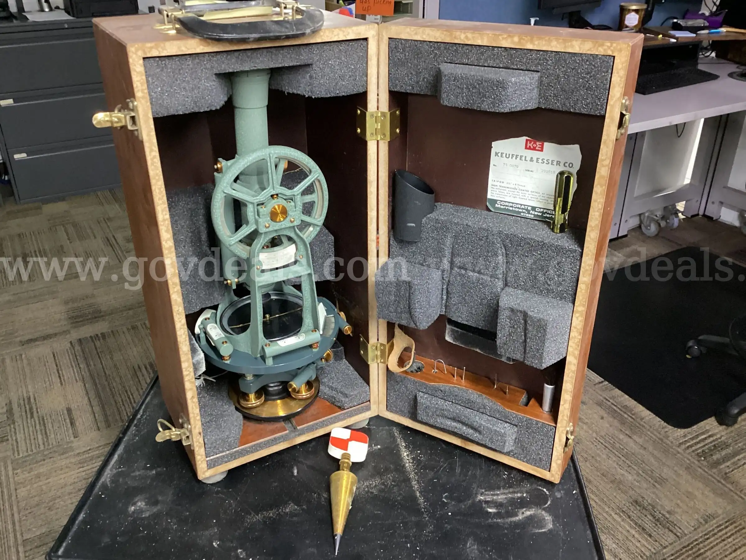 Vintage Keuffel & Esser Co. Surveying Transit Level w Original Wood Case & Plumb Bob - Model 74 0070