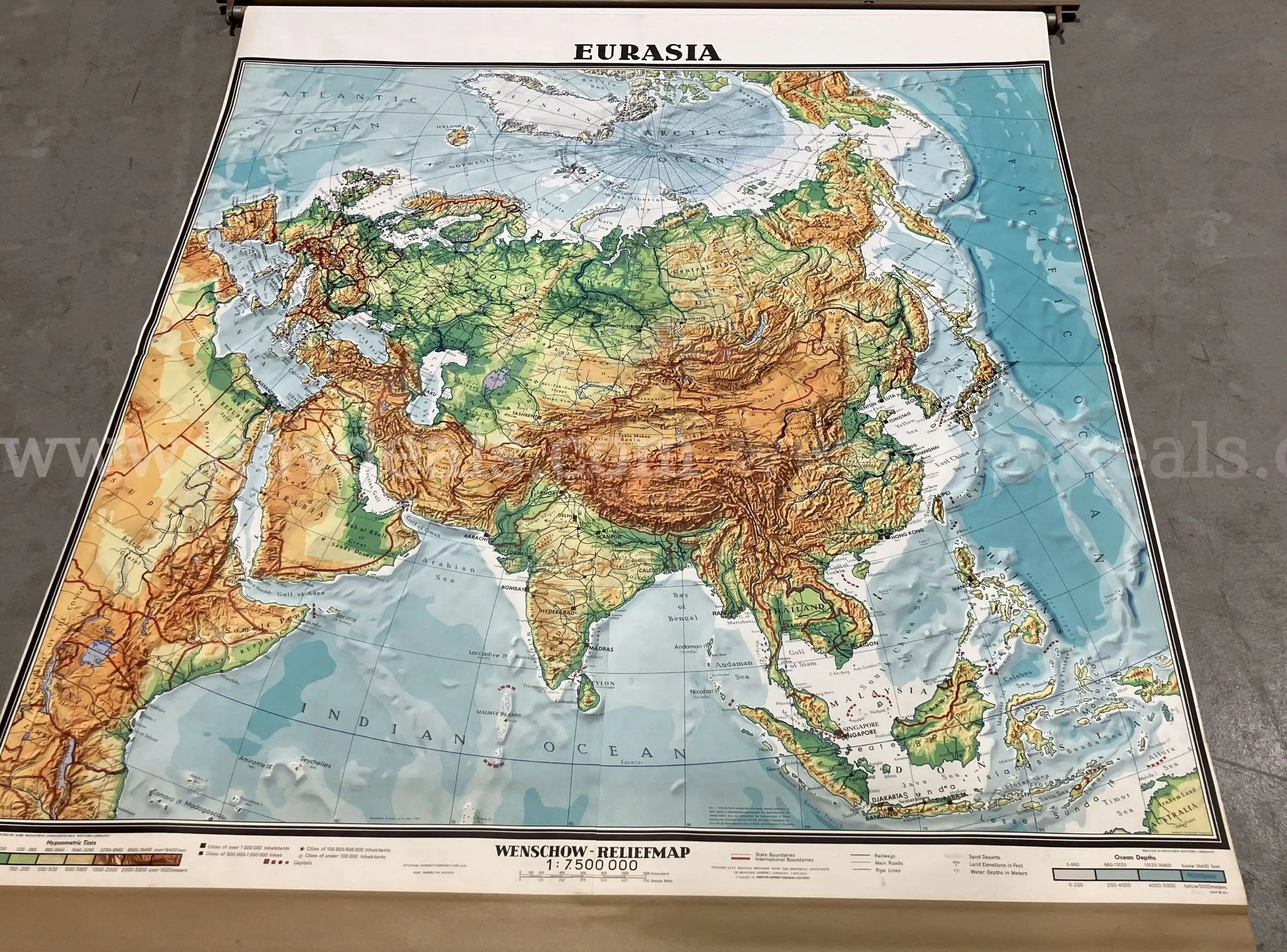 Vintage Denoyer-Geppert Eurasia Relief-Like Pull-Down School Map (No. 15013) Mid-Century Topographic