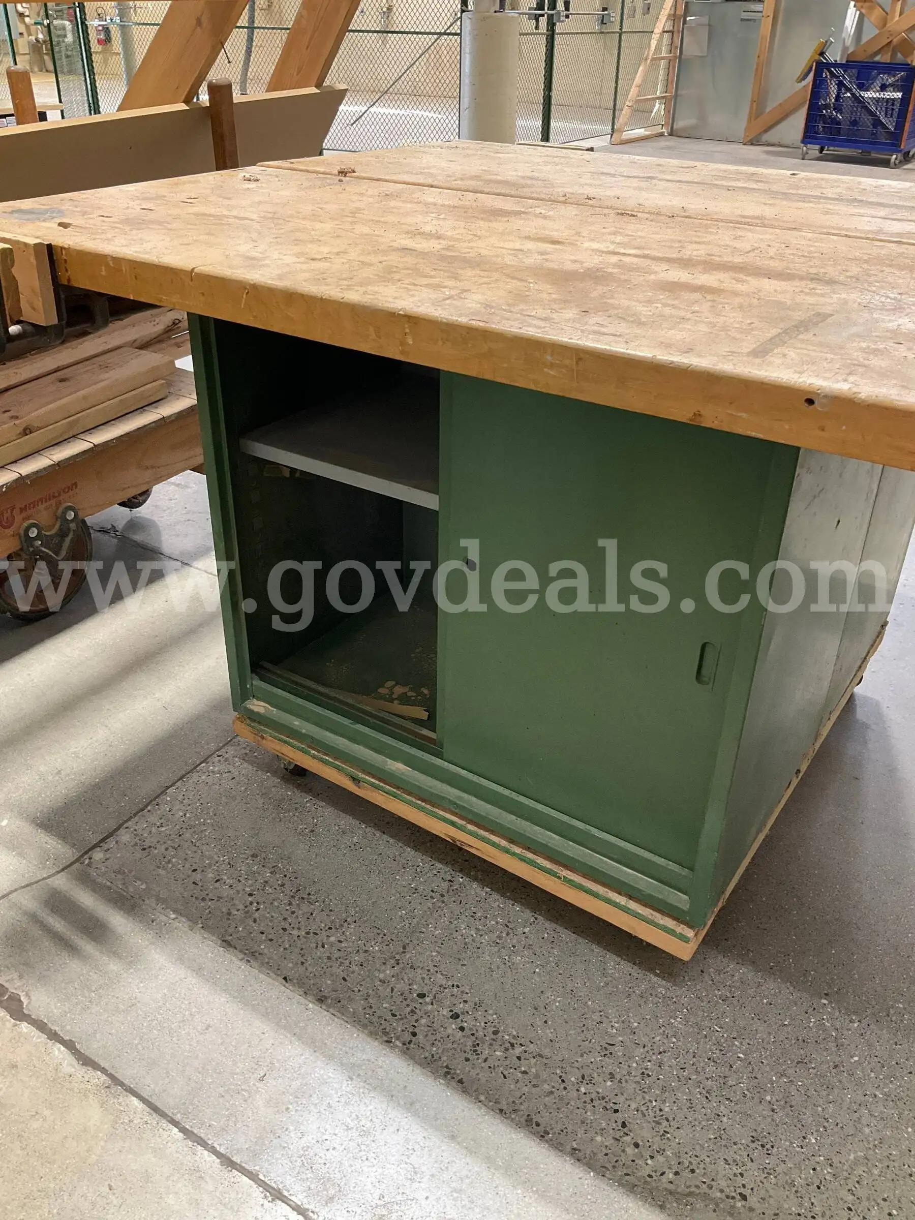 Industrial Woodworking Island Workbench 57x64 - 3 USA Vises (Columbian & B G) w Storage Cabinet