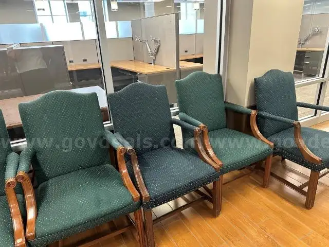Lot of (7) Green Side Chairs with Arms.