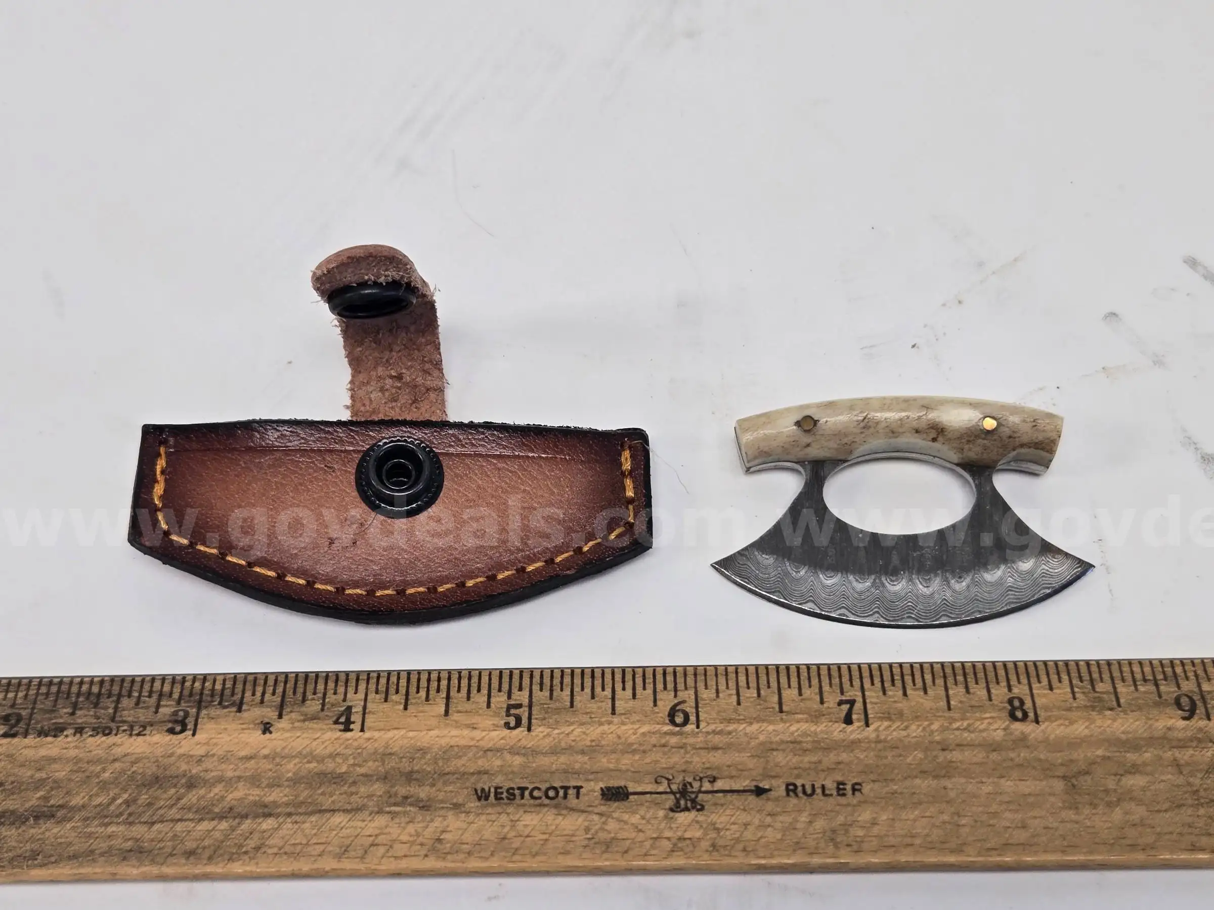 Mini Damascus Blade Ulu Knife w Bone Handle (Anchorage AK)