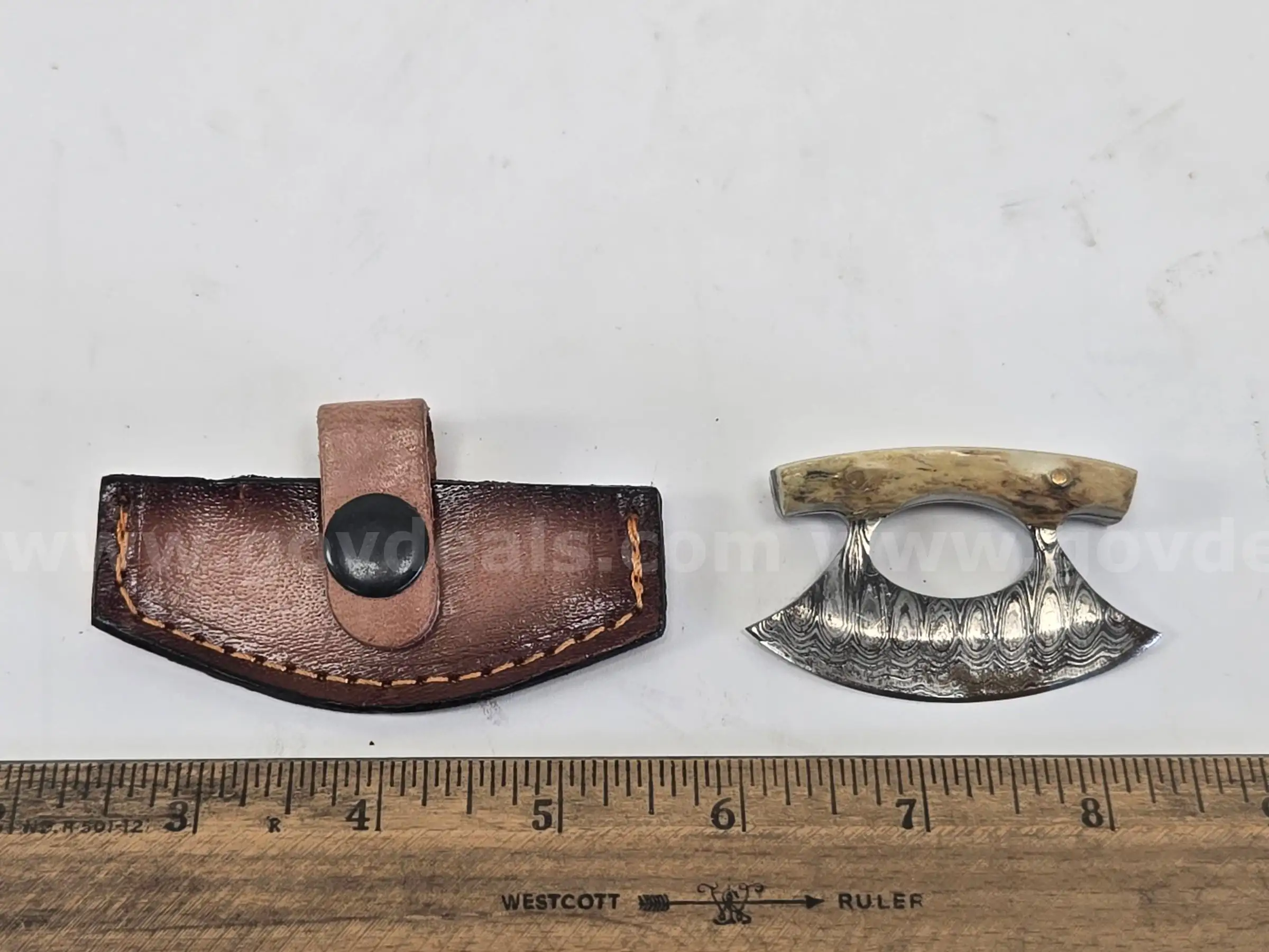 Mini Damascus Blade Ulu Knife w Bone Handle (Anchorage AK)