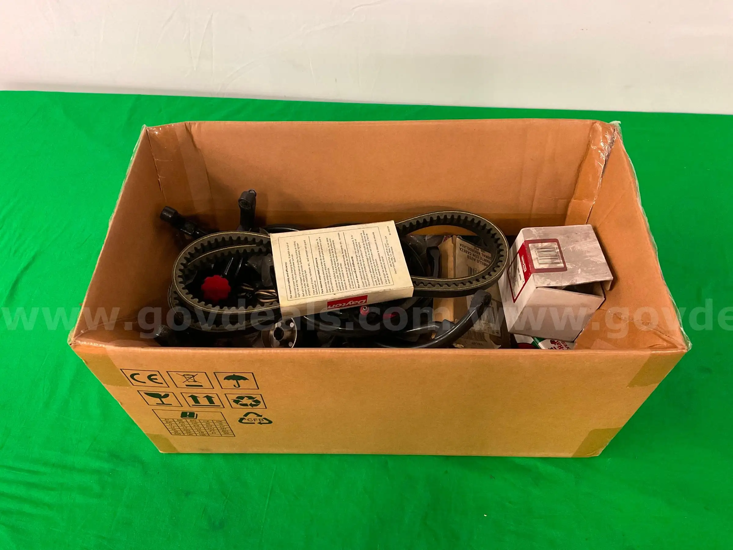 Box of Misc Belts Bolts Parts & Fixtures