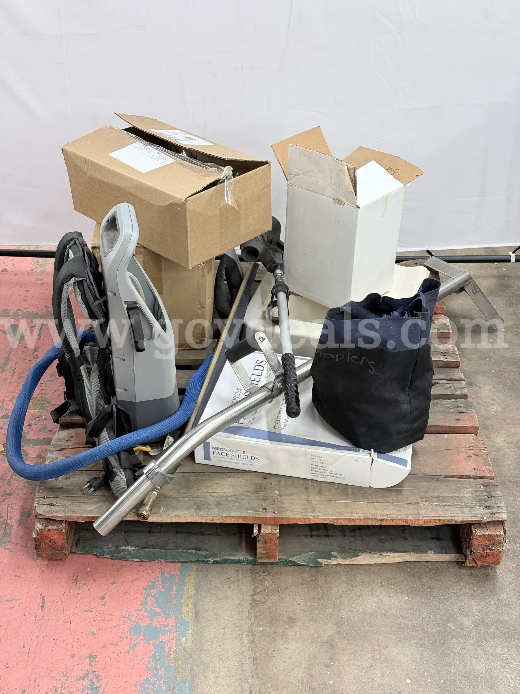 Pallet of PPE Janitorial Equipment Supplies and Surplus Goods