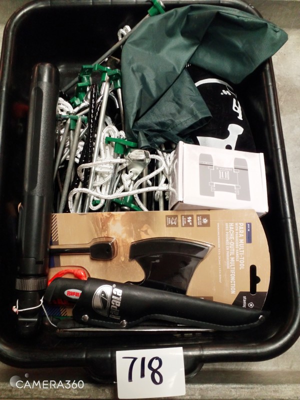 LOT # 718 TSA CAMPING/ OUTDOOR ITEMS PLUS VARIOUS TENT STAKES